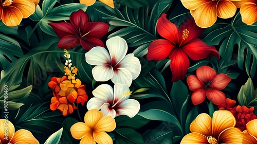 Vibrant Tropical Floral Pattern with Lush Green Foliage