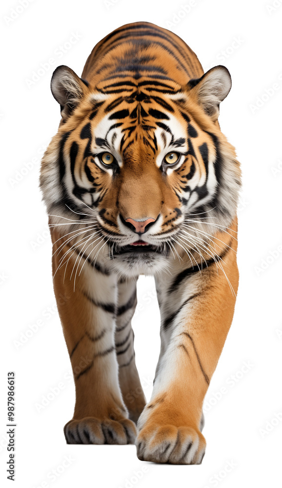 Naklejka premium Tiger Walking Front View Isolated on Transparent Background PNG 