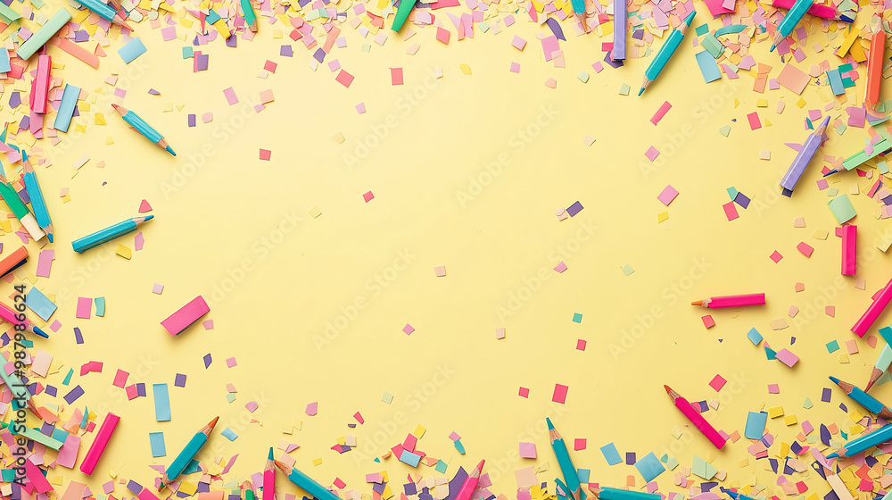 first day of school confetti: a colorful frame made from pencil and book-shaped confetti, scattered around a light yellow background, the bright colors create an energetic border first day of school confetti: a colorful frame made from pencil and book-shaped confetti, scattered around a light yellow background, the bright colors create an energetic border