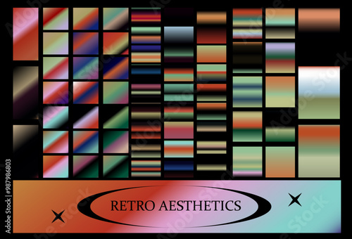 The retro style gradient set ranges from light pastel shades to dark, bold colors, many of which have a metallic, chrome-like sheen. Holographic palette swatches.