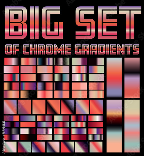 The retro style gradient set ranges from light pastel shades to dark, bold colors, many of which have a metallic, chrome-like sheen. Holographic palette swatches.
