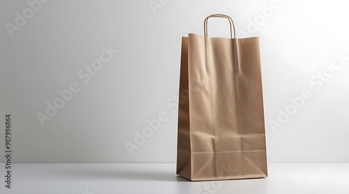 illustration of a single, upright brown paper bag placed on a white surface against a plain, light grey background.