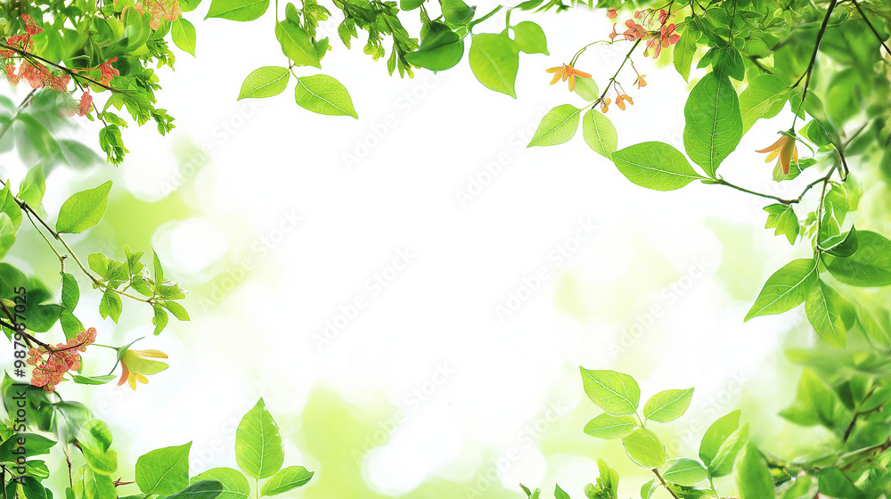 garden frame: a natural frame made from green leaves and flowers, arranged around a soft white background, the vibrant greens and colorful blooms create a lively and refreshing border garden frame: a natural frame made from green leaves and flowers, arranged around a soft white background, the vibrant greens and colorful blooms create a lively and refreshing border