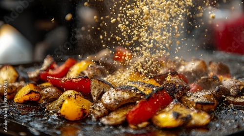 Close-up of Nutritional Yeast Flakes on Grilled Vegetables photo