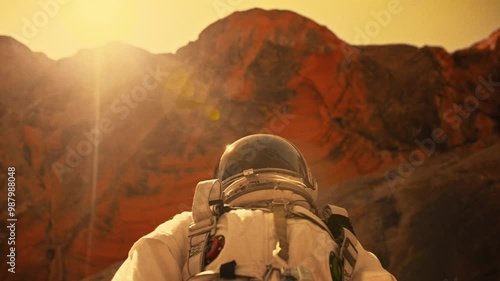 Woman astronaut explores Martian landscape in advanced space suit