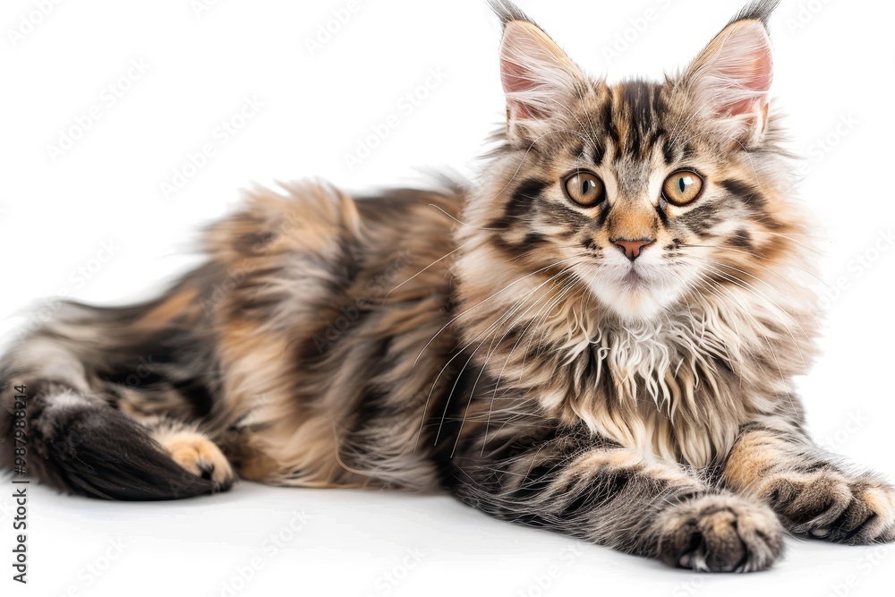 A stunning long-haired brown tabby Maine Coon cat with a fluffy tail, sitting gracefully on a clean white background. The cat gazes directly at the camera with its mesmerizing wide, green eyes. A stunning long-haired brown tabby Maine Coon cat with a fluffy tail, sitting gracefully on a clean white background. The cat gazes directly at the camera with its mesmerizing wide, green eyes.