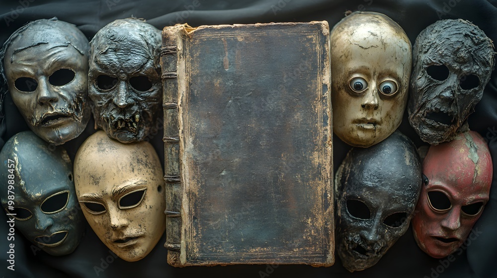An ancient haunted book with blinking eyes, surrounded by Halloween masks, surreal and eerie style, isolated on white background An ancient haunted book with blinking eyes, surrounded by Halloween masks, surreal and eerie style, isolated on white background