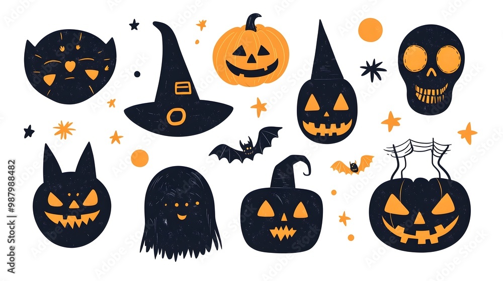 Assorted Halloween-themed pins and charms with party masks, flat vector style, vibrant and playful, isolated on white background Assorted Halloween-themed pins and charms with party masks, flat vector style, vibrant and playful, isolated on white background