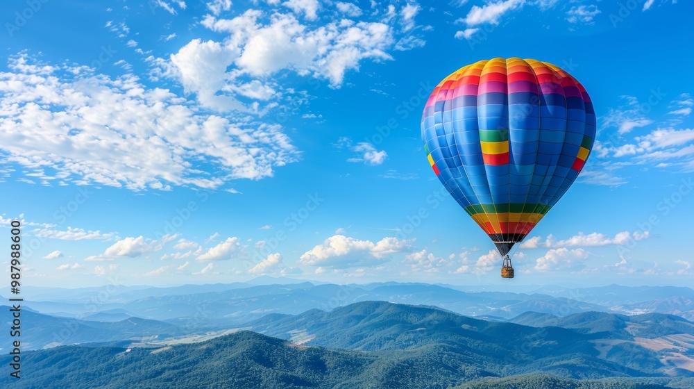 A brightly colored hot air balloon floats above a stunning mountain range reaching towards a sunrise sky. The image is perfect as a travel concept or adventure theme. A brightly colored hot air balloon floats above a stunning mountain range reaching towards a sunrise sky. The image is perfect as a travel concept or adventure theme.