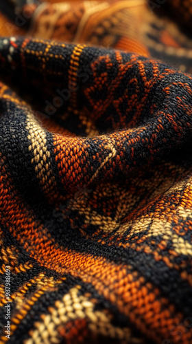 closeup of orange and black knit fabric texture, cozy and warm wool, winter pattern, blanket material, textile background