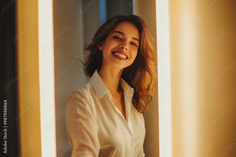 Joyful businesswoman preparing for success while admiring herself in hotel room mirror Joyful businesswoman preparing for success while admiring herself in hotel room mirror