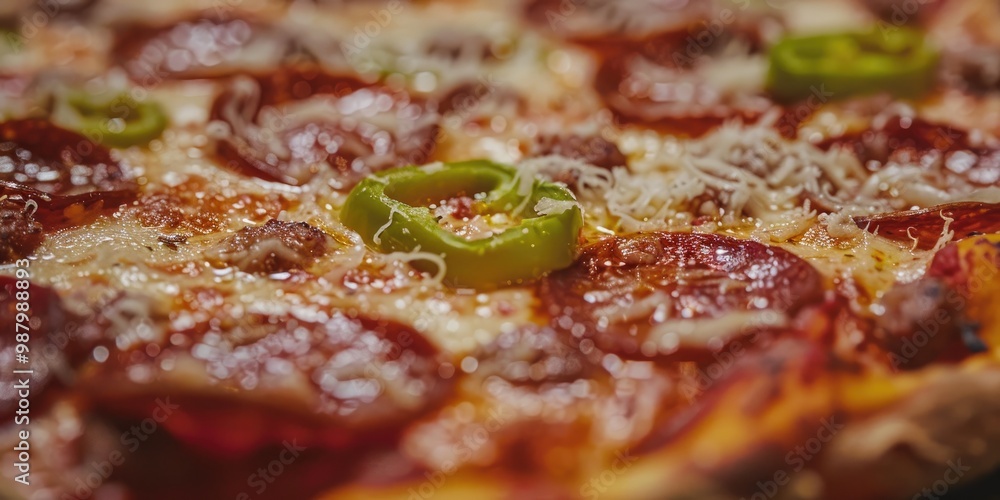 Detailed view of a Pizza topped with Pepperoni, Green Bell Peppers, and sprinkled with Parmesan Cheese Detailed view of a Pizza topped with Pepperoni, Green Bell Peppers, and sprinkled with Parmesan Cheese