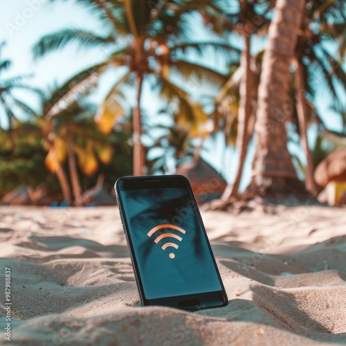 A black smartphone displaying the Wi-Fi symbol rests on a sandy beach, harmonizing with the tropical scenery of palm trees and the sea, symbolizing connectivity amidst a serene vacation. photo