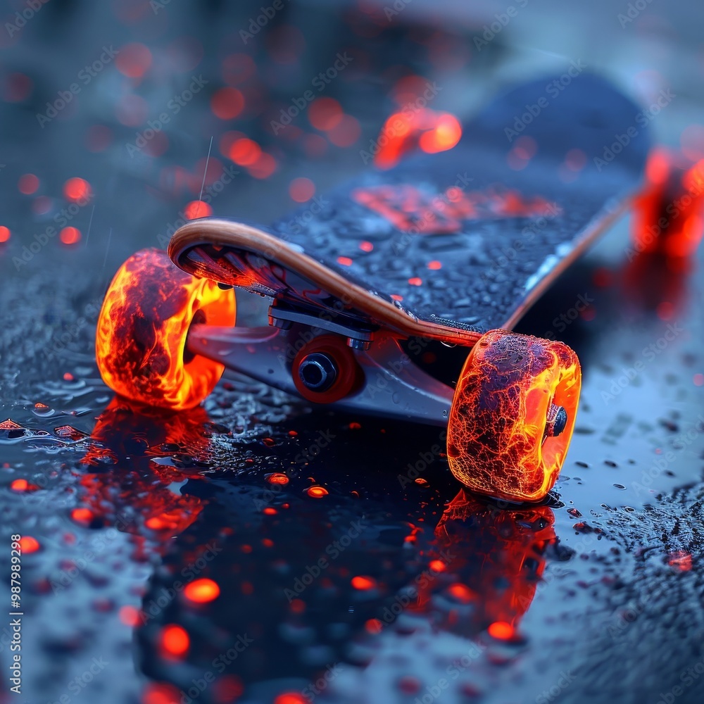 A molten skateboard on a wet surface, with red glowing wheels, depicting extreme sport concept or modern retro design. Vibrant colors and dynamic composition suitable for design projects. A molten skateboard on a wet surface, with red glowing wheels, depicting extreme sport concept or modern retro design. Vibrant colors and dynamic composition suitable for design projects.