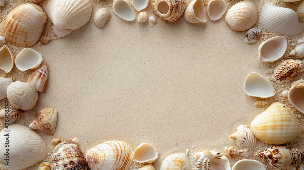 Obraz premium seashells: a natural frame made from small seashells, arranged symmetrically around the edges of a soft sandy background, each shell has a distinct shape and texture