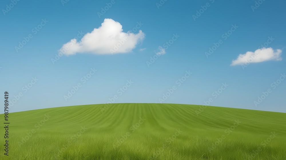 Landscape image featuring a vast, gently rolling green hill under a clear vibrant blue sky. Landscape image featuring a vast, gently rolling green hill under a clear vibrant blue sky.