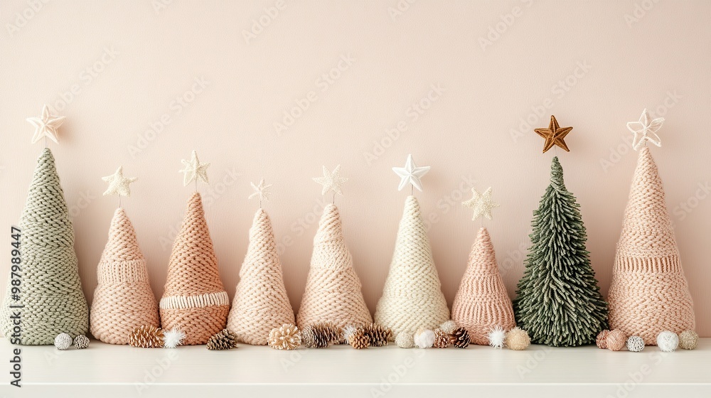 Handmade craft Christmas trees with decorations, sustainable living lifestyle Handmade craft Christmas trees with decorations, sustainable living lifestyle