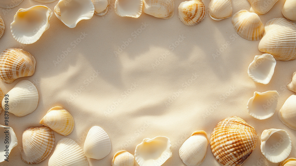 Obraz premium seashells: a natural frame made from small seashells, arranged symmetrically around the edges of a soft sandy background, each shell has a distinct shape and texture