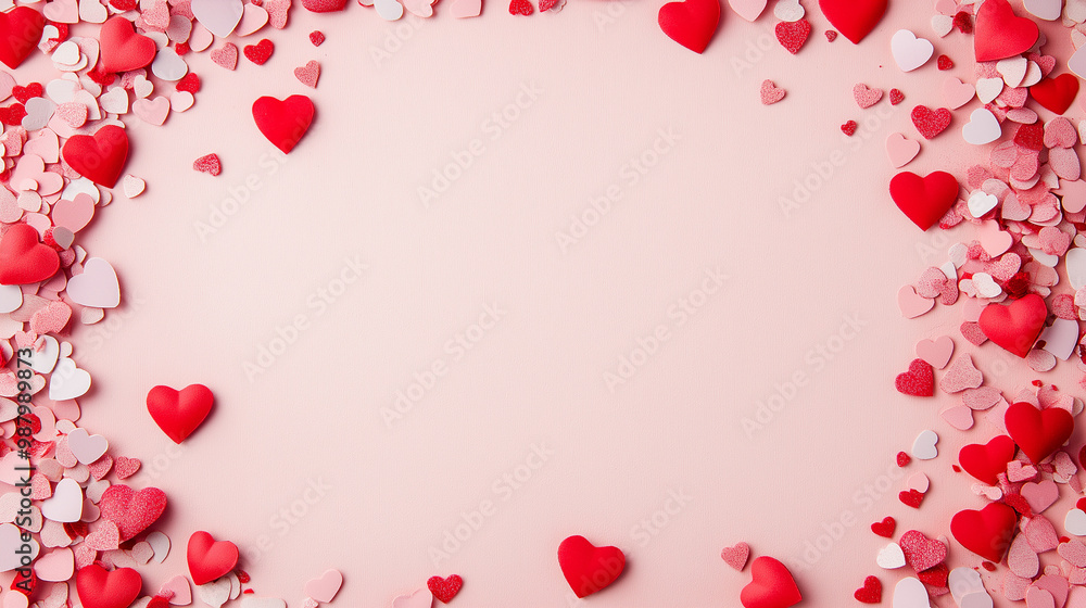 valentine’s day confetti: a romantic frame made from pink and red heart-shaped confetti, arranged around a soft blush background, the sweet colors create a charming border valentine’s day confetti: a romantic frame made from pink and red heart-shaped confetti, arranged around a soft blush background, the sweet colors create a charming border