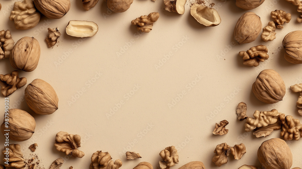 walnut halves: a frame made from walnut halves, scattered naturally across a pale beige background, the rich brown tones of the nuts create a warm, earthy look walnut halves: a frame made from walnut halves, scattered naturally across a pale beige background, the rich brown tones of the nuts create a warm, earthy look