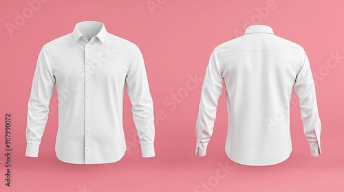 A plain white shirt displayed from front and back on a pink background. photo