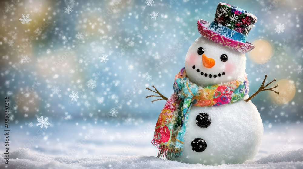 Fototapeta premium cheerful snowman adorned with a colorful scarf and a stylish hat, celebrating winter