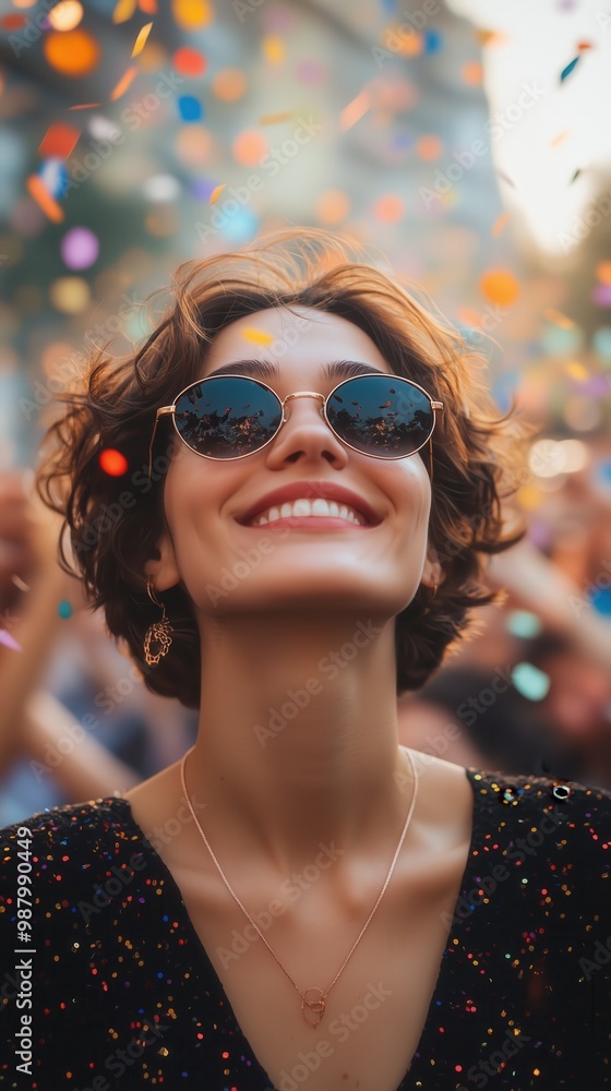 Smiling woman in sunglasses enjoying colorful confetti shower at an outdoor celebration event. Smiling woman in sunglasses enjoying colorful confetti shower at an outdoor celebration event.