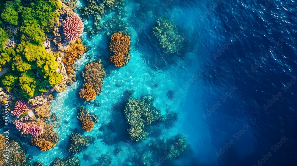 Fototapeta premium Majestic aerial shot of a colorful coral reef, rich with marine life, bright corals, swirling fish, and clear turquoise waters, bathed in sunlight