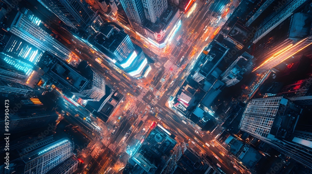 Fototapeta premium Aerial view of a futuristic city with neon lights at night
