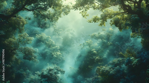 Overhead view of a rainforest canopy, mystical mist rising from rivers below, exotic birds and animals hidden within, soft-focus, surrealistic, vibrant colors