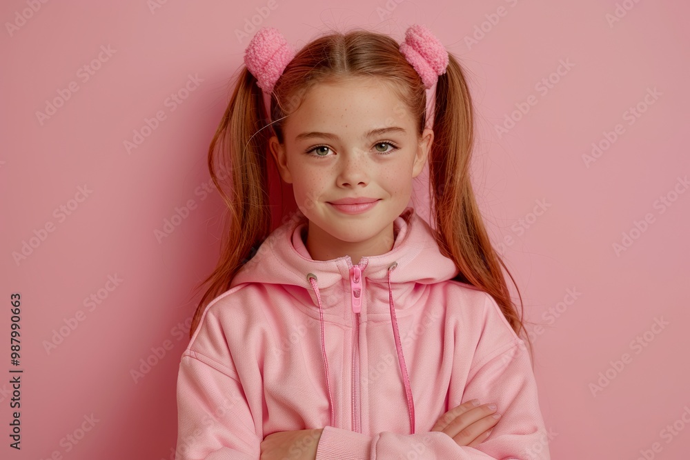 An adorable little girl in a cute pink hoodie with bunny ears on her hair. She has a bright smile and her arms are crossed in front of her. The background is a solid pink color. An adorable little girl in a cute pink hoodie with bunny ears on her hair. She has a bright smile and her arms are crossed in front of her. The background is a solid pink color.