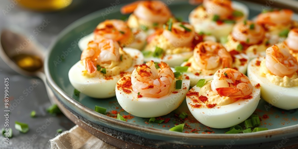 Deviled eggs topped with cooked shrimp served on a plate from above. Deviled eggs topped with cooked shrimp served on a plate from above.