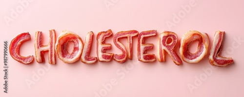 Bacon Strips Shaped into the Word 'CHOLESTEROL' on Light Background: A Playful Visual photo