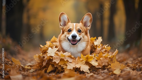 A dog of the Welsh Corgi breed Pembroke on a walk in the autumn forest. A dog in a wreath of autumn leaves. 