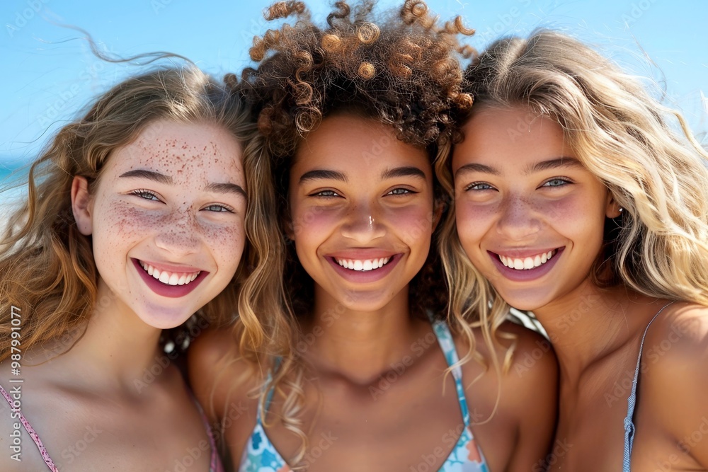 Three smiling young women in swimsuits pose on a beach under a bright blue sky. The low angle shot makes them look tall and elegant. Perfect for a summer or beach-themed campaign. Three smiling young women in swimsuits pose on a beach under a bright blue sky. The low angle shot makes them look tall and elegant. Perfect for a summer or beach-themed campaign.