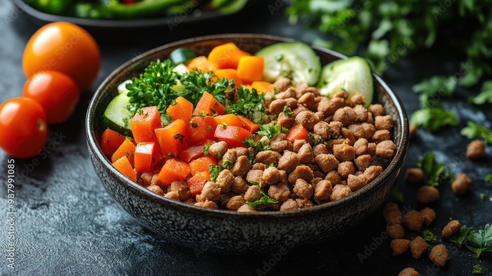 A nutritious bowl featuring vegetables and plant-based protein. A nutritious bowl featuring vegetables and plant-based protein.