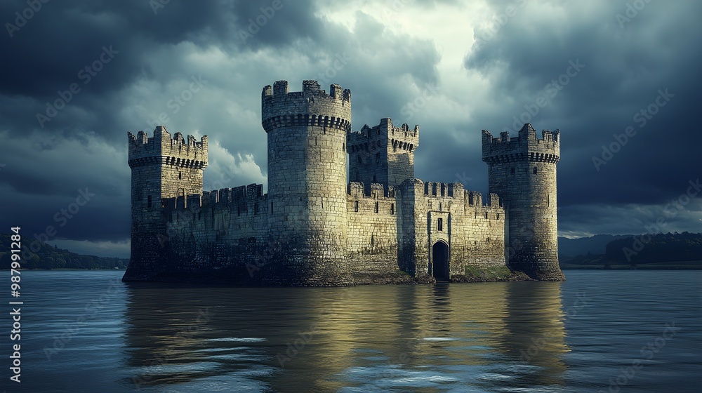 Fortress in the shape of a ring, standing strong with towers rising from its outer walls, moat filled with shimmering water, dramatic sky with storm clouds Fortress in the shape of a ring, standing strong with towers rising from its outer walls, moat filled with shimmering water, dramatic sky with storm clouds
