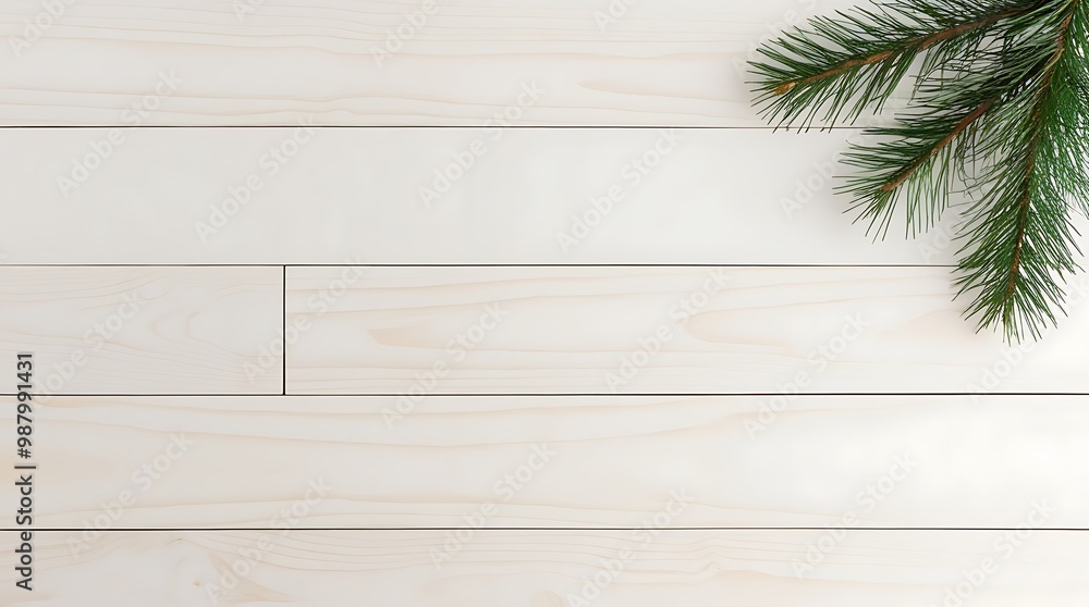 Minimalist and clean image featuring a light wooden background with horizontal planks and a small cluster of green pine branches In the corner Minimalist and clean image featuring a light wooden background with horizontal planks and a small cluster of green pine branches In the corner