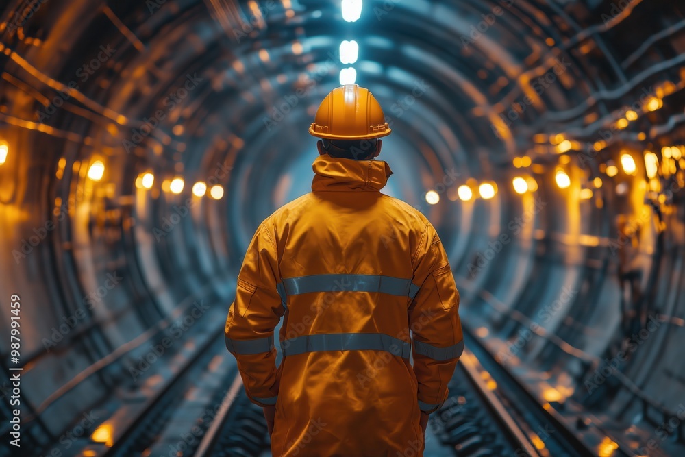 Obraz premium Male construction worker with helmet and reflective jacket stands in an illuminated tunnel, facing forward.