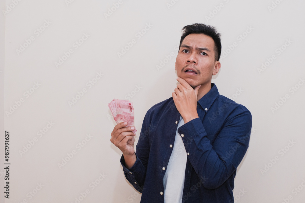 Confusion or surprise a Southeast Asian man in a casual dress holding cash money isolated over white background. People Lifestyle Concept, Profit and wealth concept Confusion or surprise a Southeast Asian man in a casual dress holding cash money isolated over white background. People Lifestyle Concept, Profit and wealth concept