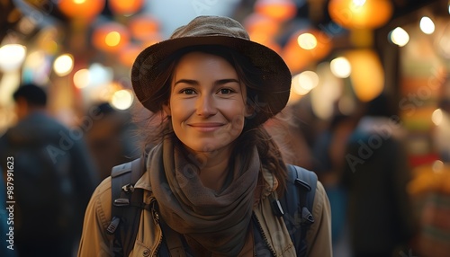 joyful traveler strolling through a bustling street filled with energy and life