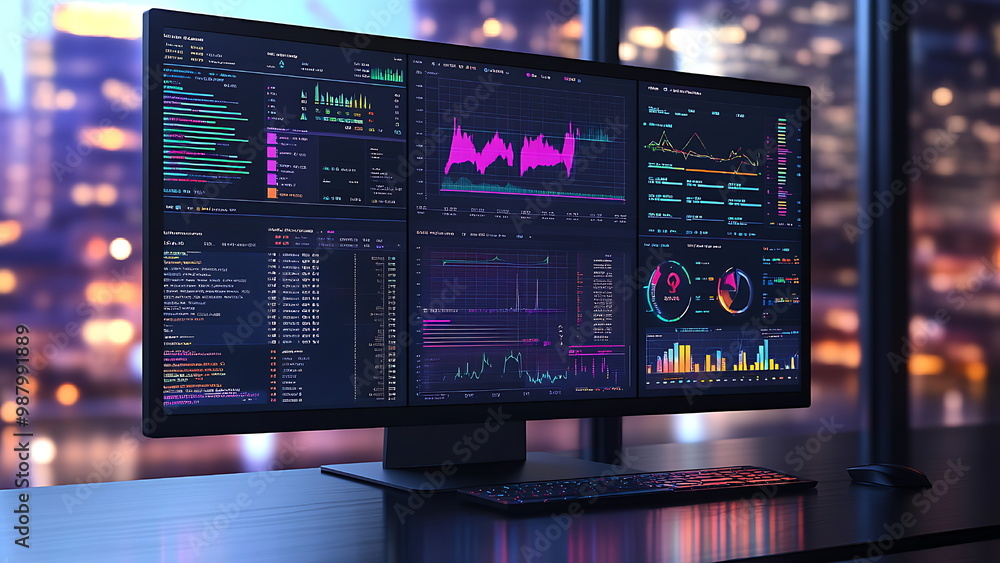 A computer monitor showing detailed financial data with colorful graphs and charts. The screen displays upward trends, making it ideal for business presentations or financial analysis A computer monitor showing detailed financial data with colorful graphs and charts. The screen displays upward trends, making it ideal for business presentations or financial analysis