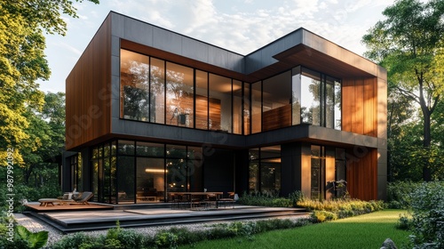 Modern cube home, alternating wood and metal facade, sleek minimalist architecture, surrounded by nature, warm sunlight, ultra-realistic details, cinematic shot photo