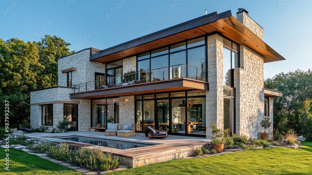 Modern cube home with rustic textured stone walls, a wraparound wooden balcony on the upper level, large glass windows reflecting sunlight, set in a green landscape Modern cube home with rustic textured stone walls, a wraparound wooden balcony on the upper level, large glass windows reflecting sunlight, set in a green landscape
