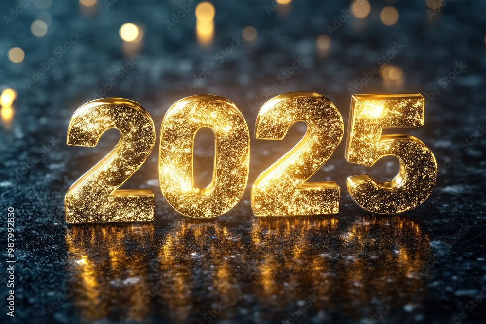 three dimensional hologram golden text 2025 on a sparkling background, elegant new year theme three dimensional hologram golden text 2025 on a sparkling background, elegant new year theme