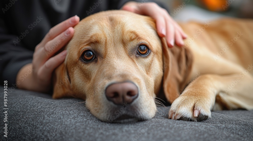 A close-up of a relaxed dog being gently petted by a person. A close-up of a relaxed dog being gently petted by a person.