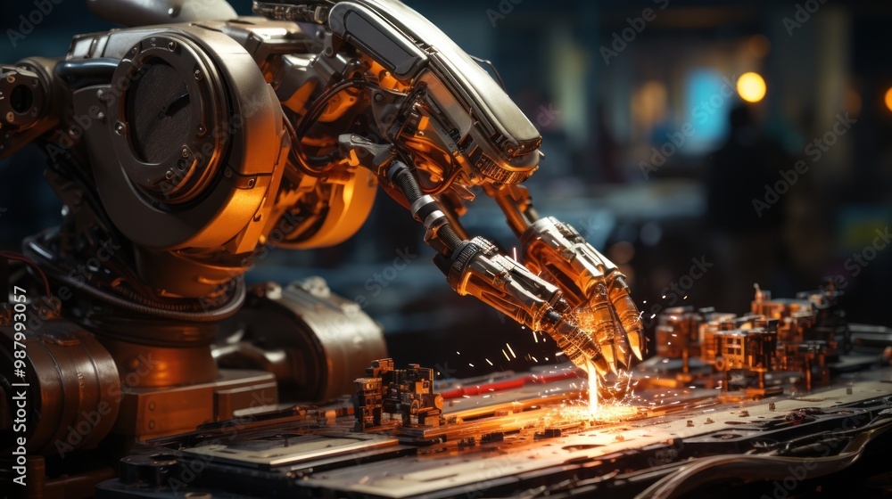 Fototapeta premium Robotic Arm Welding with Sparks