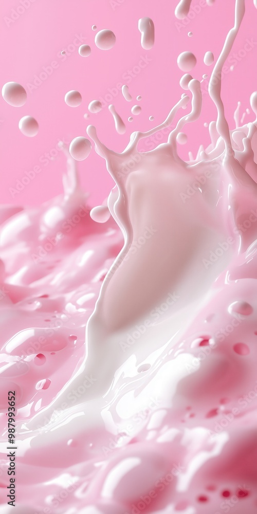 Close-up of pink and white liquid splashing against a pastel pink background. Close-up of pink and white liquid splashing against a pastel pink background.