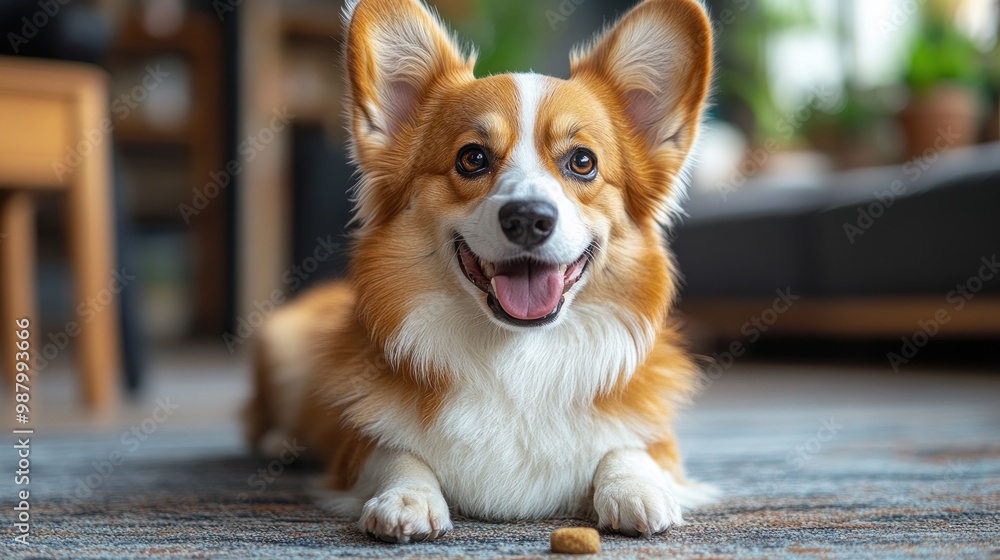 A happy corgi lying on a rug, looking at a treat. A happy corgi lying on a rug, looking at a treat.