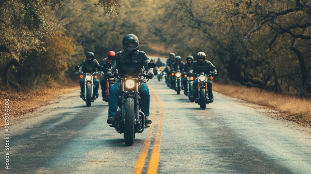 A group of motorcyclists ride down a winding road through a forest. A group of motorcyclists ride down a winding road through a forest.